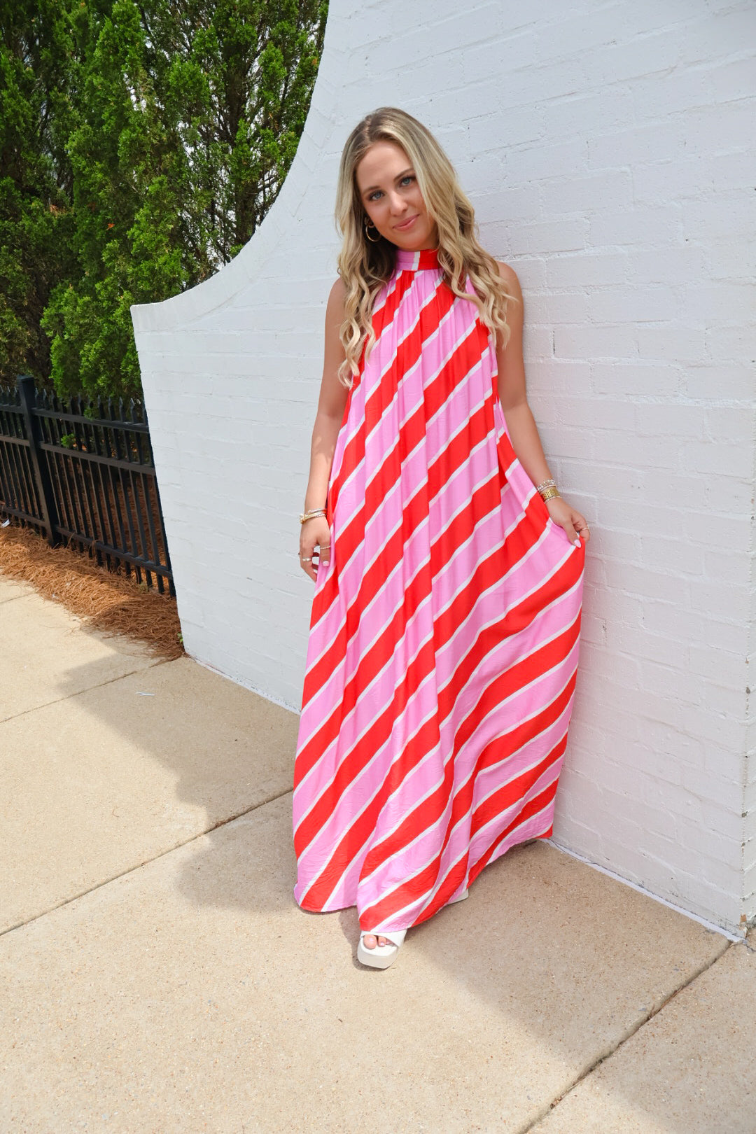 Pink Striped Halter Maxi Dress