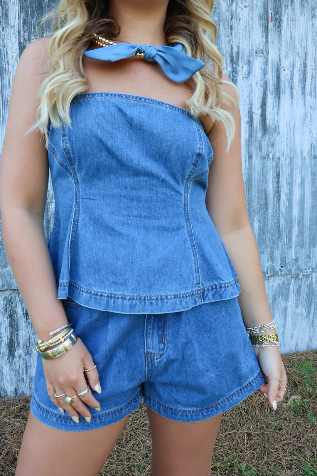 Strapless Denim Top and Shorts Set