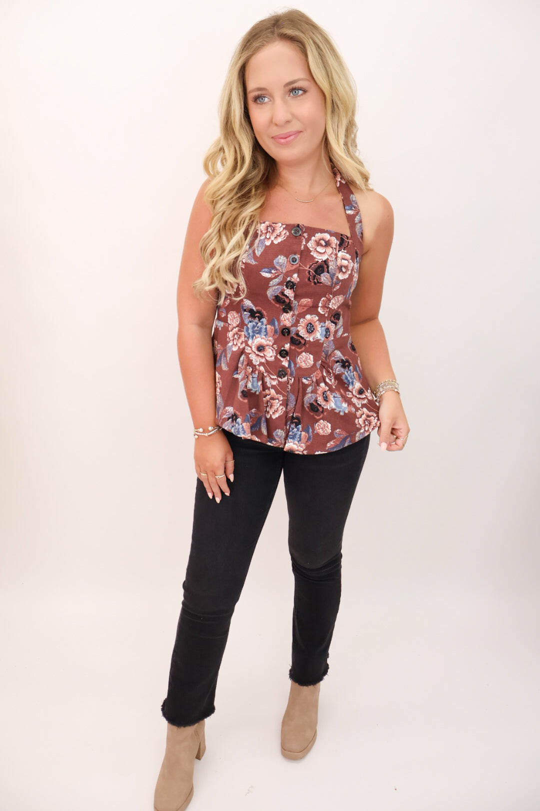 Brown Floral Halter Peplum Top