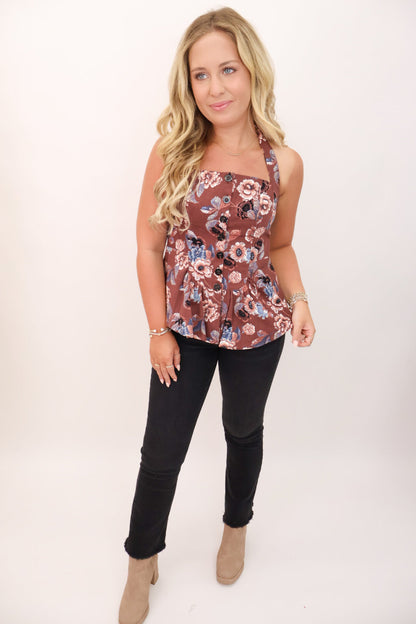 Brown Floral Halter Peplum Top