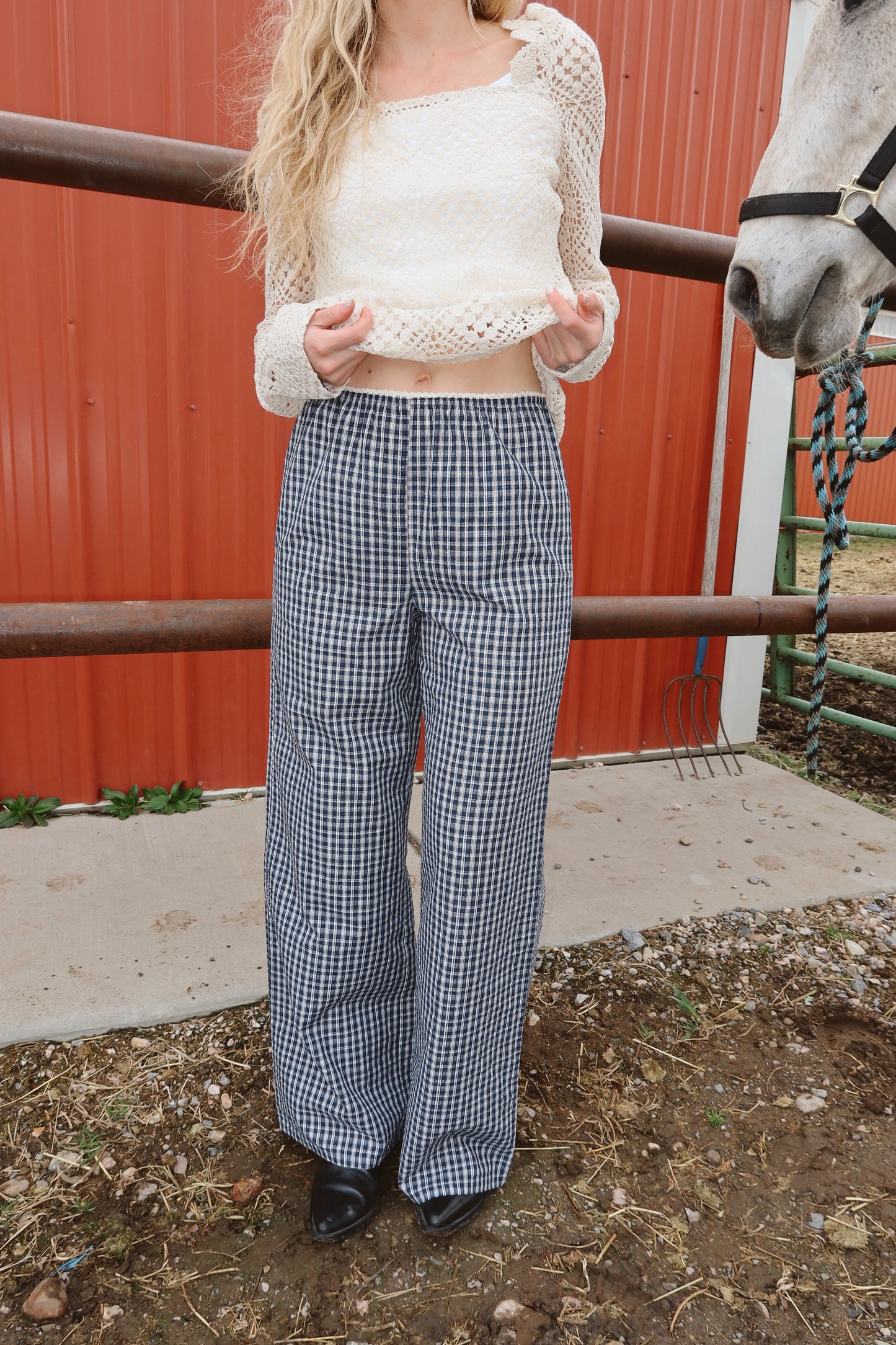Waco Seersucker Checkered Pants in Navy