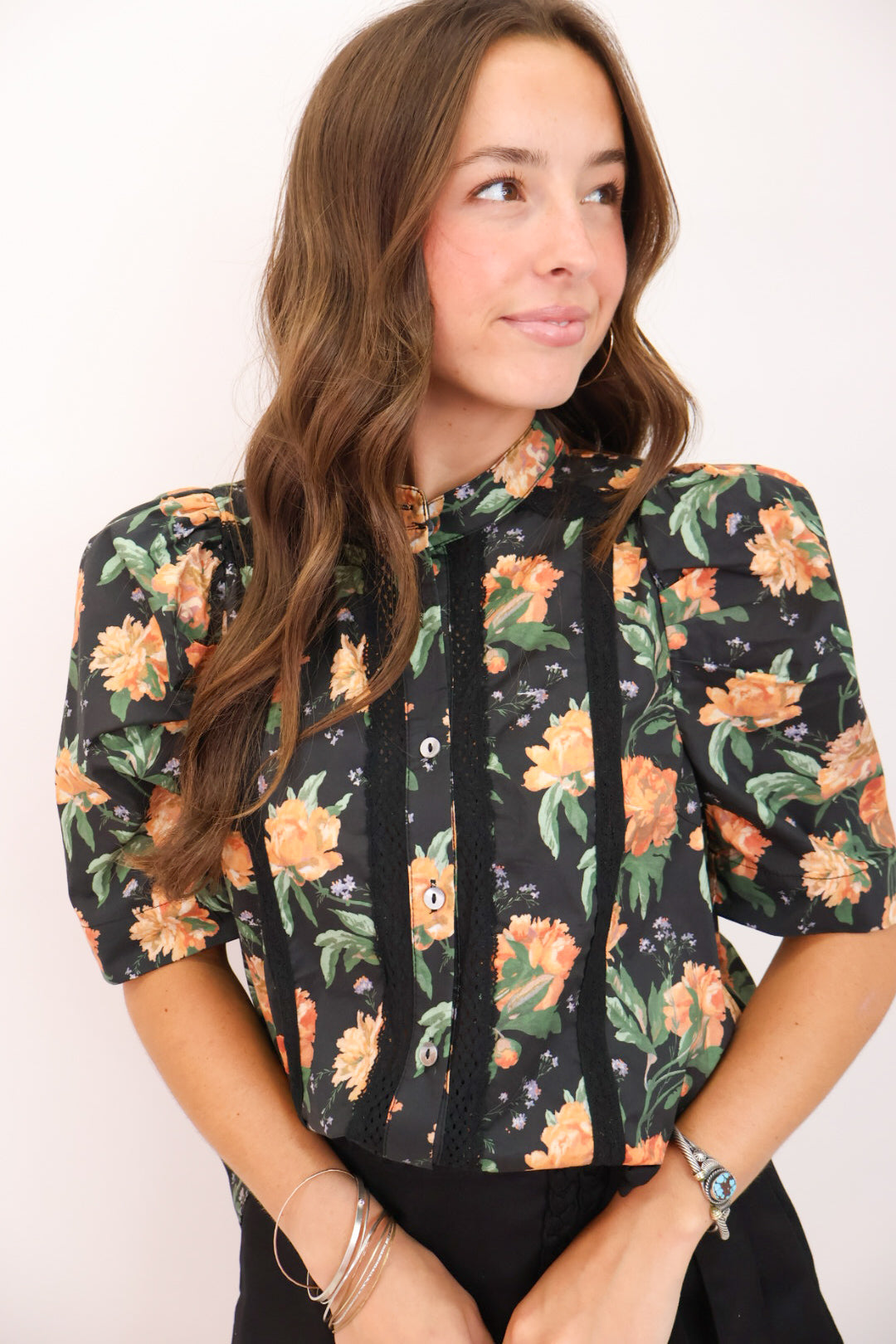 Midnight Marigold Floral Puff Sleeve Top