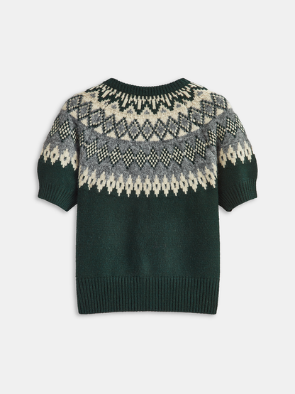 Cashmere-Blend Fair Isle Short-Sleeve Cardigan