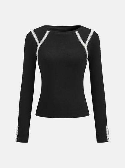 Lace Trim Ribbed Long Sleeve Top