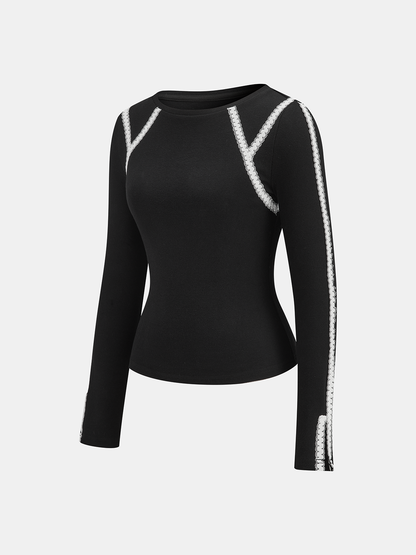 Lace Trim Ribbed Long Sleeve Top