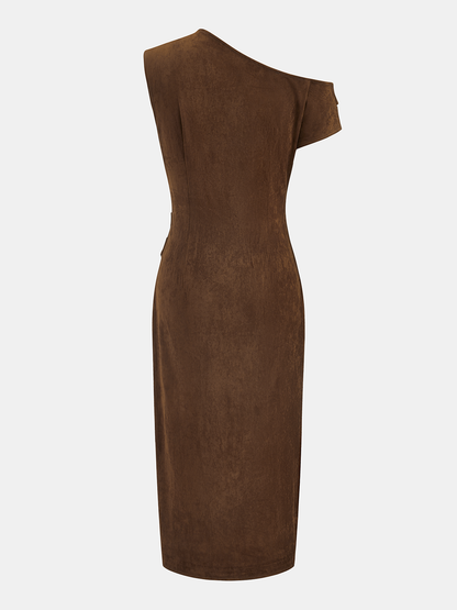 Suede Effect One-Shoulder Ruched Midi Dress