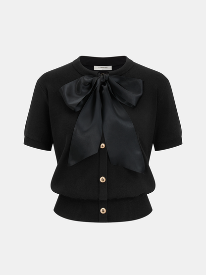 Decorative Button Bow Short-Sleeve Sweater