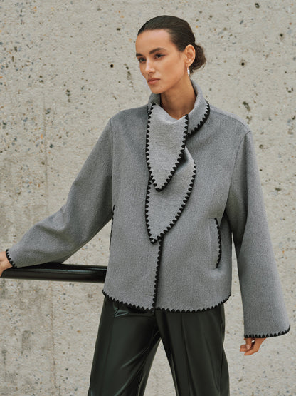 Tweed Contrast-Trim Knot-Collar Coat