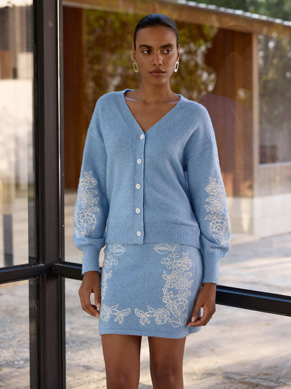 Floral-Embroidered Knit Cardigan & Mini Skirt Set