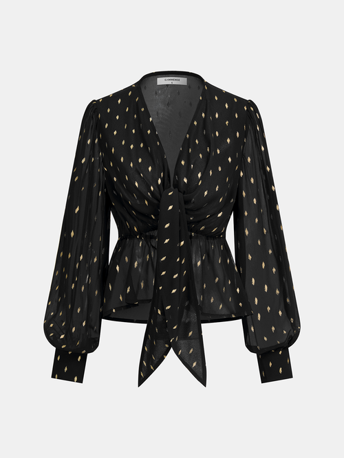 Foil Spot Print Tie-Front Chiffon Blouse