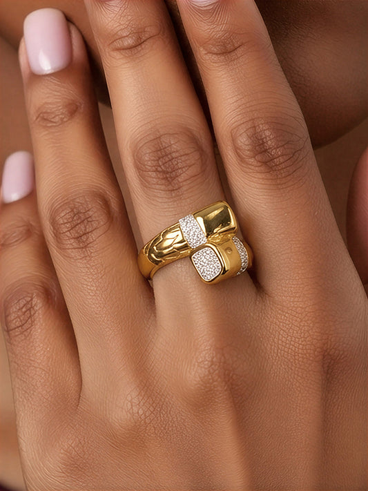 Gold Plated Pave Zircon Geometric Statement Ring