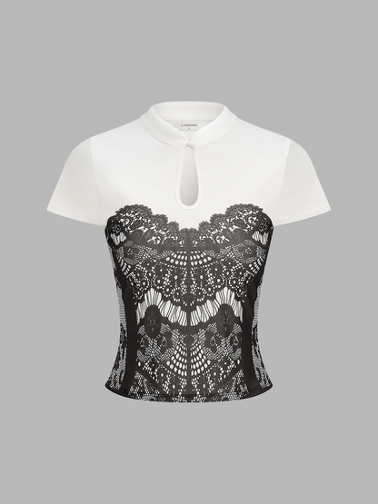 Lace Print Keyhole Neck Short Sleeve Top