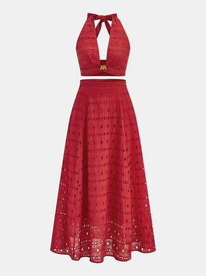 Eyelet Halter Crop Top & Maxi Skirt Set