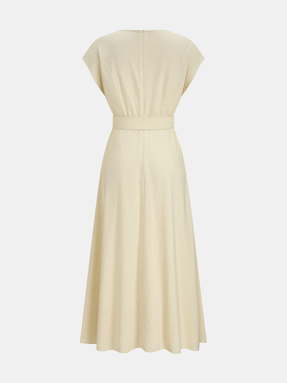 Linen Blend V-Neck Belted Maxi Dress