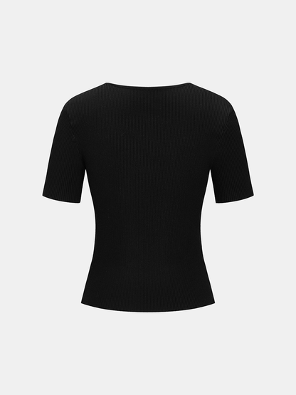 Metal Detail Short Sleeve Ribbed Knit Top