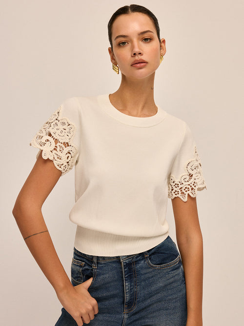 Round Neck Crochet Lace Sleeve Knit Top