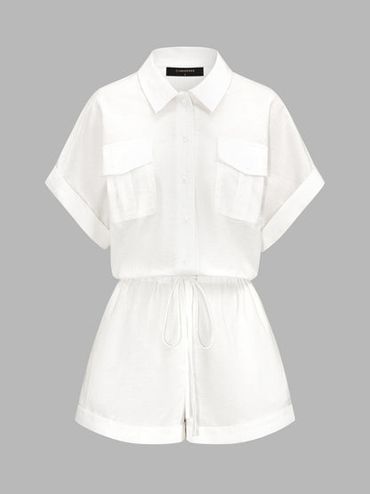 Cotton Linen Pocket Drawstring Shirt Romper