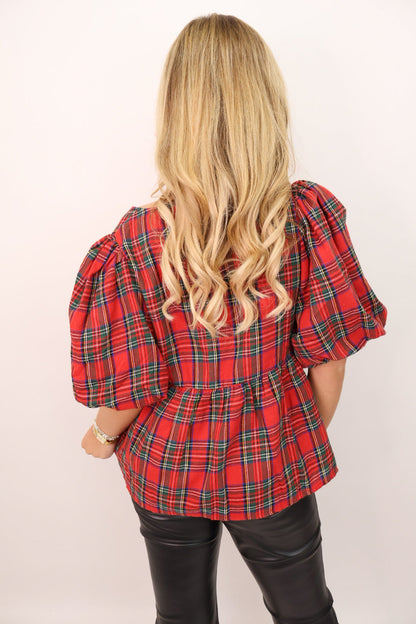 Plaid Babydoll Tie Front Top - Red