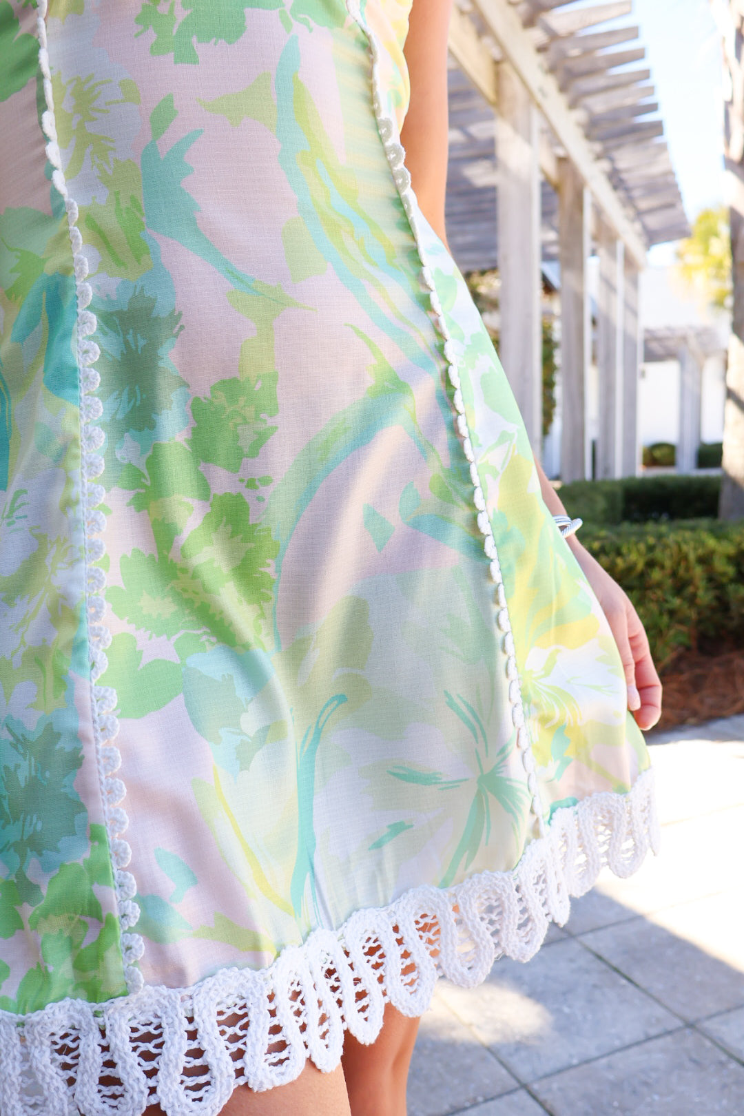Green Printed Lace Trim Mini Dress