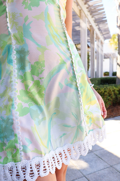 Green Printed Lace Trim Mini Dress