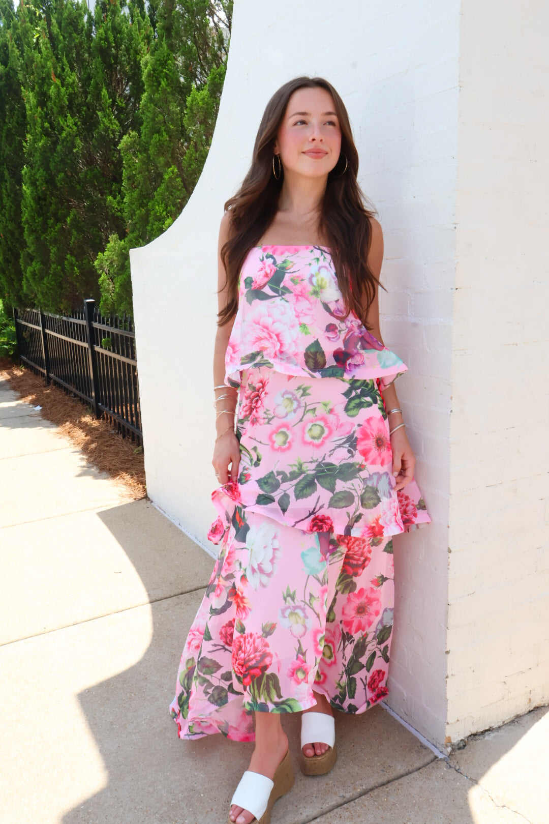 Pink Floral Tiered Ruffle Maxi Dress
