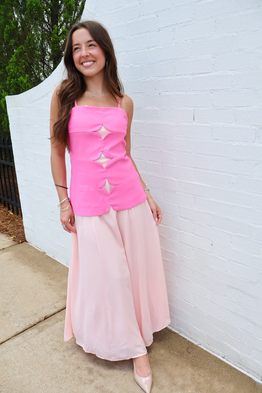 Pink Cutout Bodice Maxi Dress with Chiffon Skirt