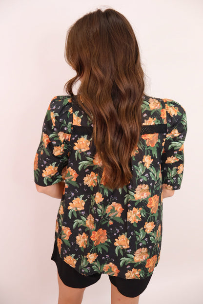 Midnight Marigold Floral Puff Sleeve Top