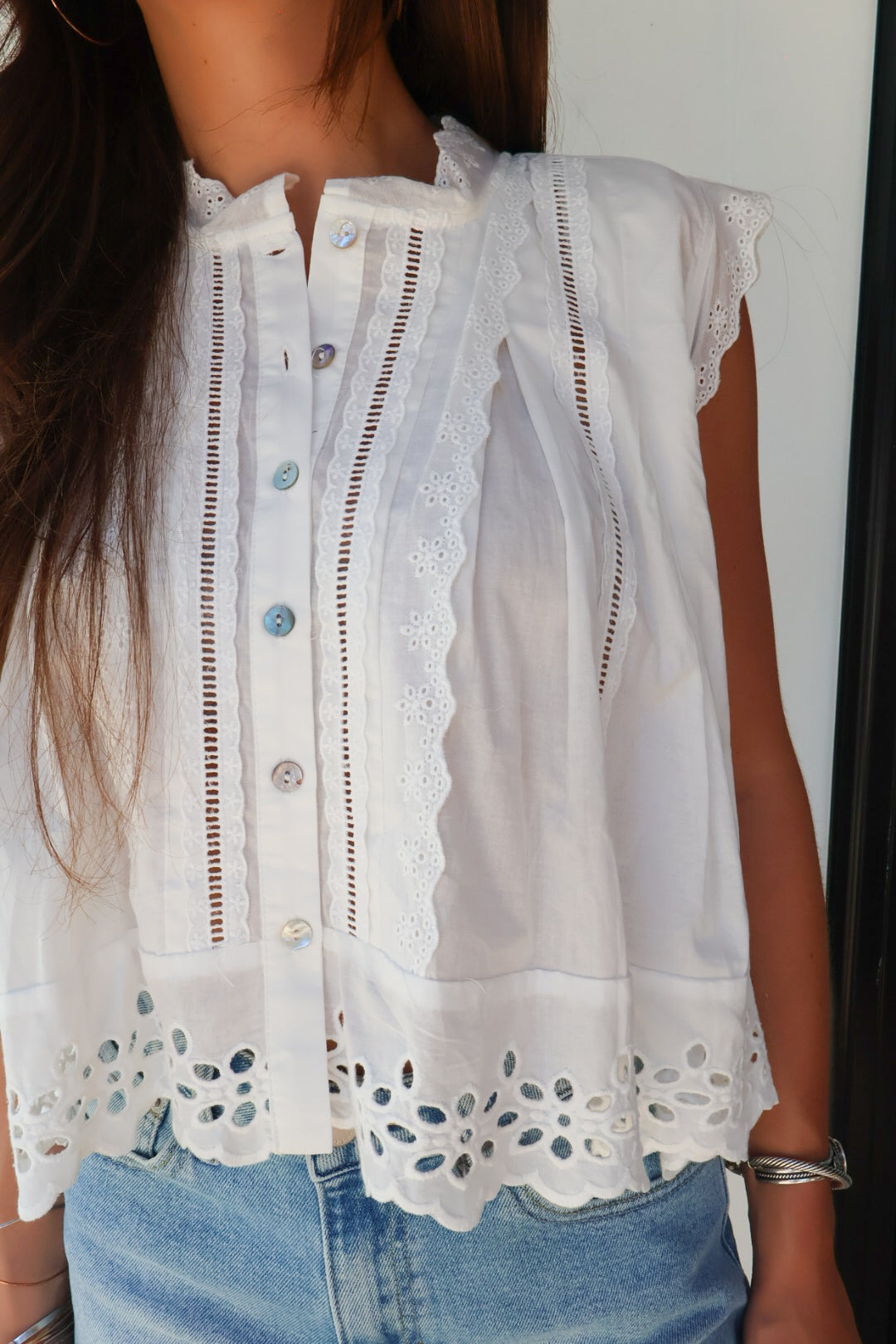 White Eyelet Button-Front Top