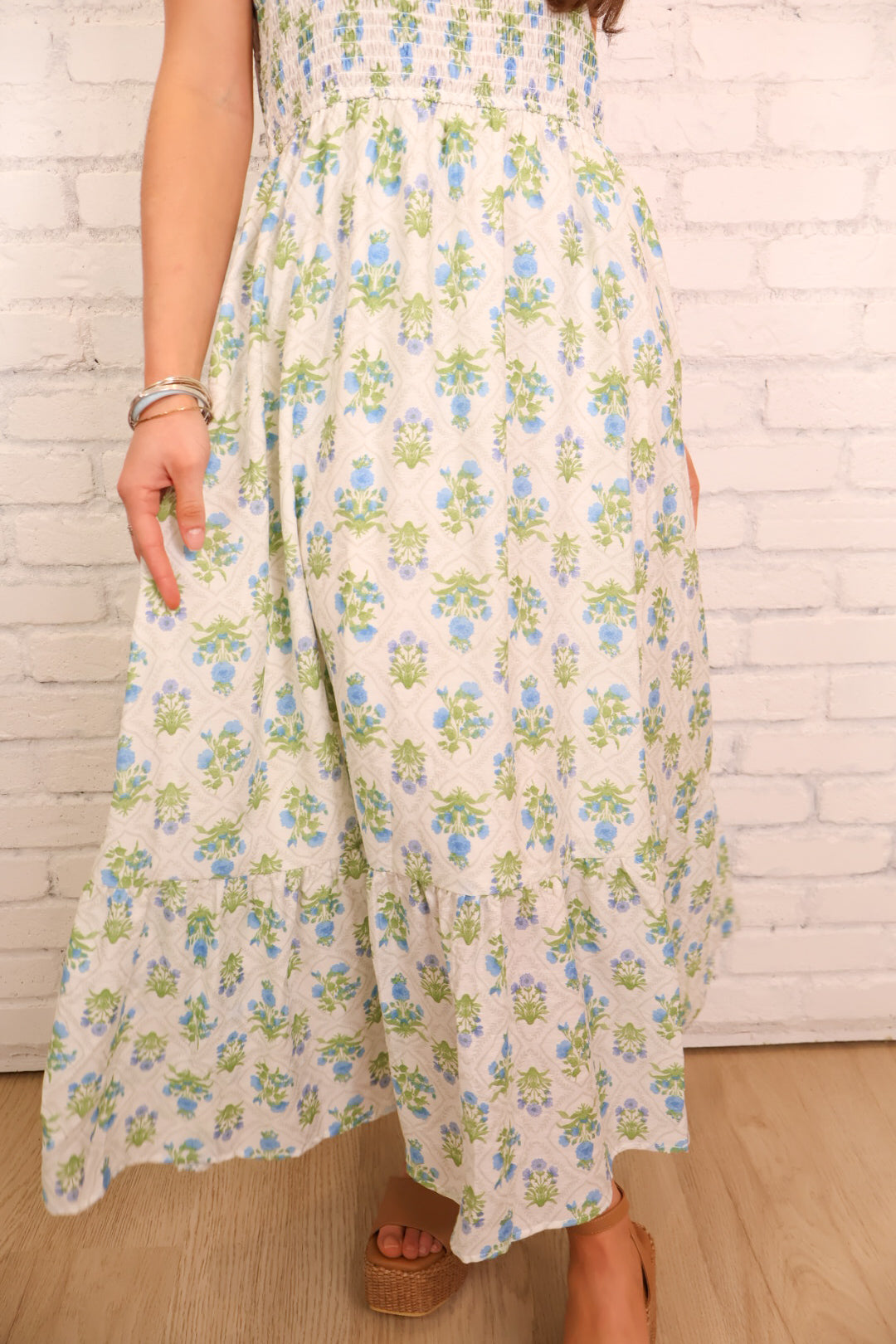 Block Floral Smocked Maxi Dress - Blue
