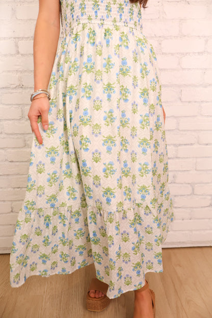 Block Floral Smocked Maxi Dress - Blue