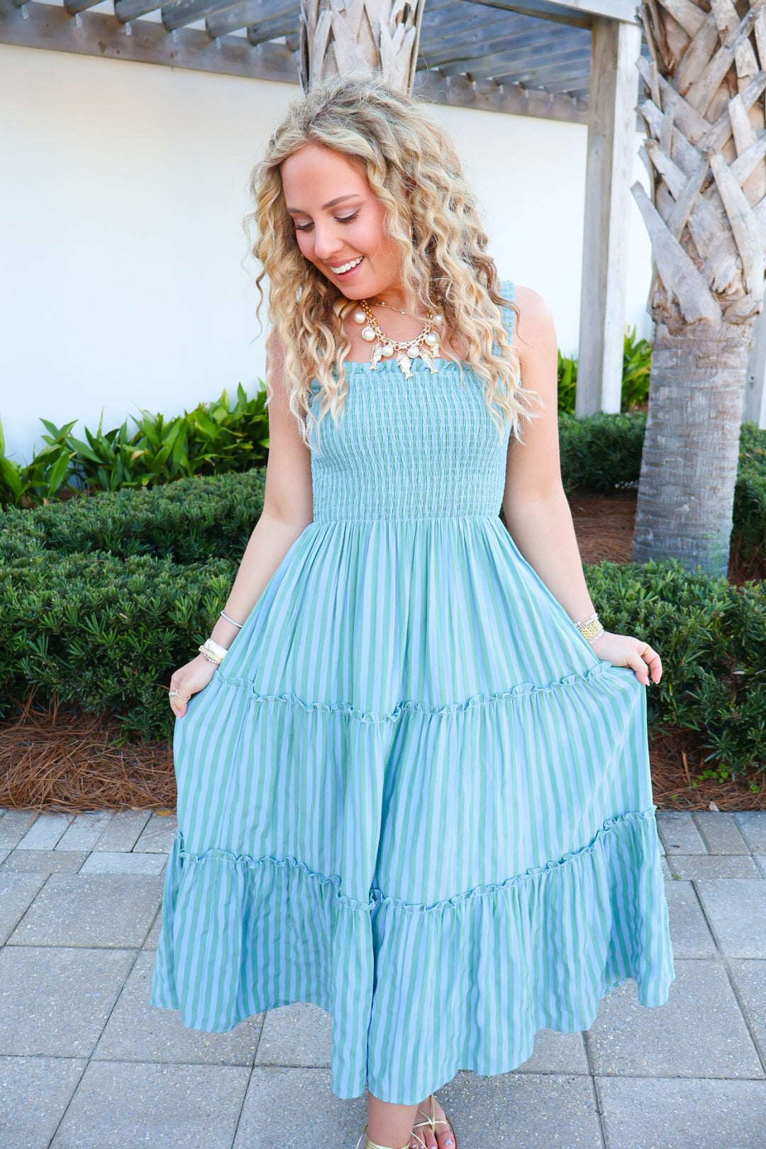 Sage & Blue Stripe Smocked Tiered Maxi Dress