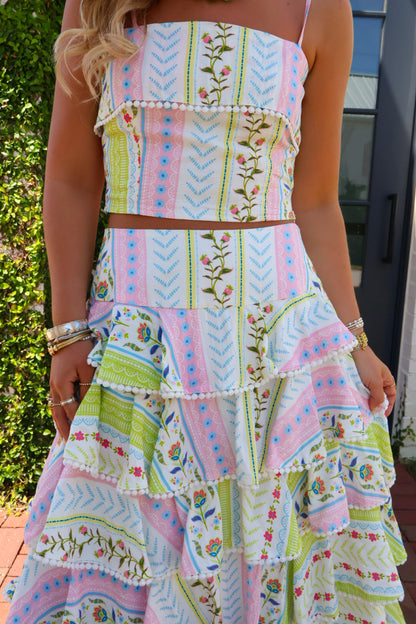 Pastel Patchwork Tiered Maxi Skirt Set
