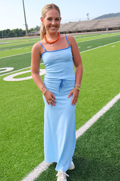Blue Knit Midi Skirt Set