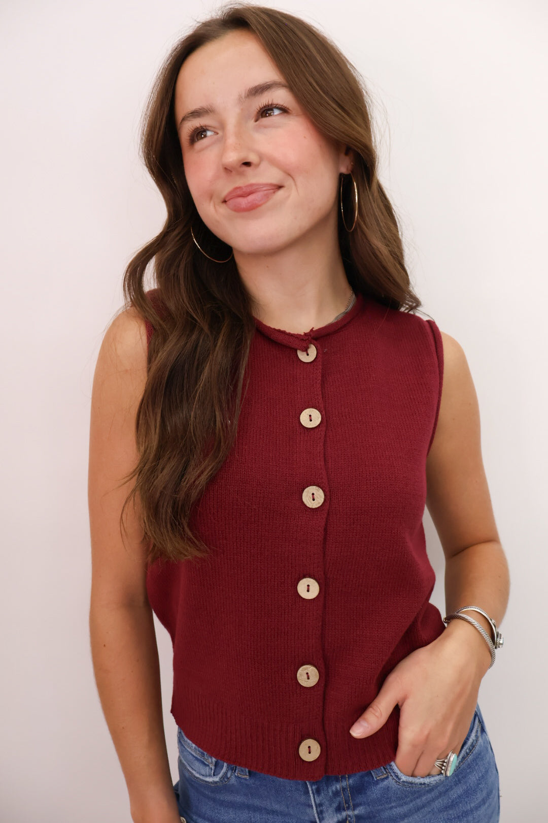 Sleeveless Button Front Knit Vest Top - Burgundy
