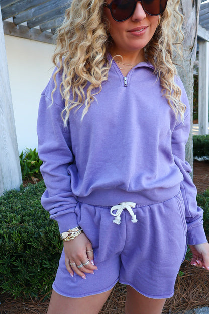 Half-Zip Pullover Lounge Shorts Set - Purple