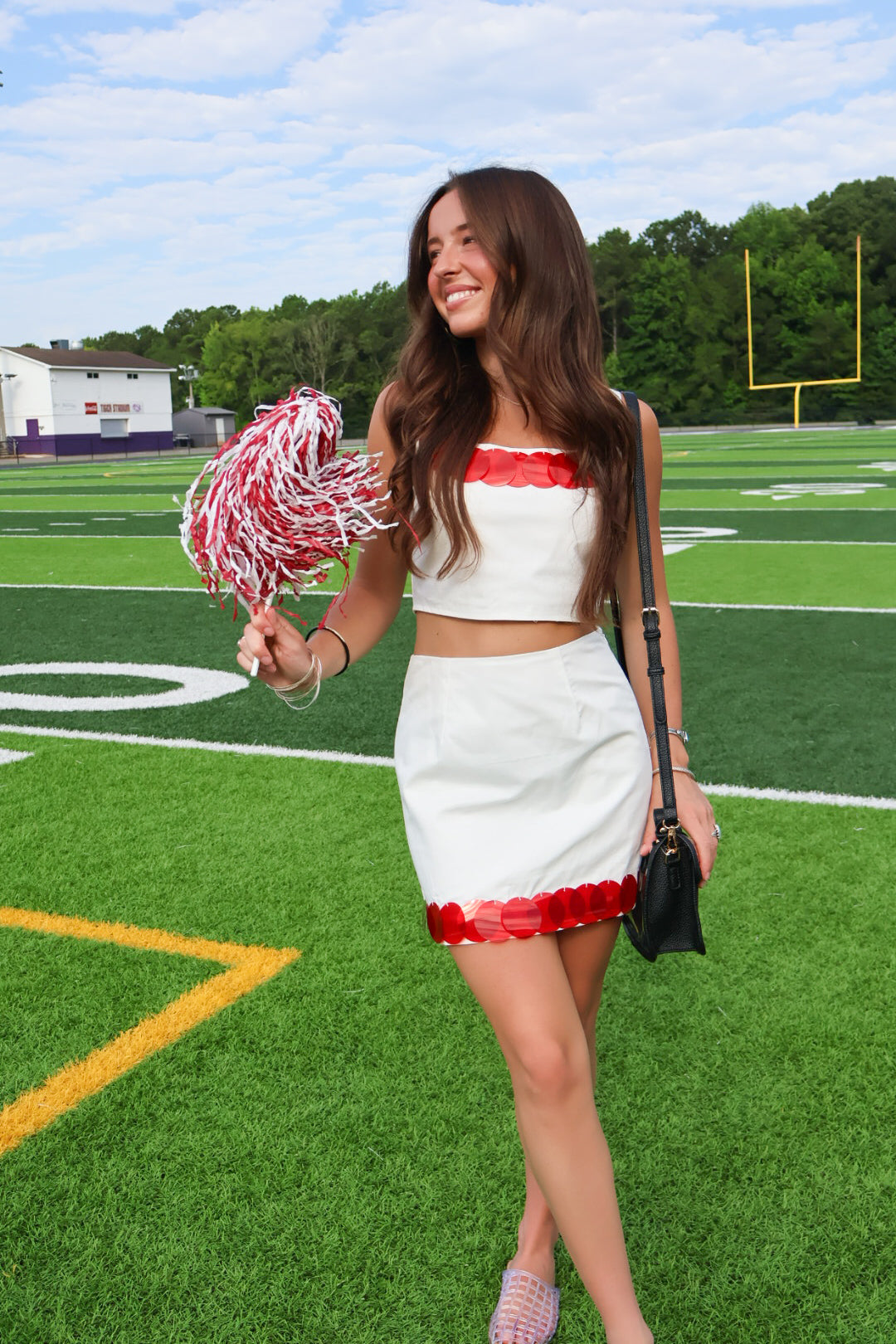 Red Sequin Trimmed White Crop Top and Mini Skirt Set