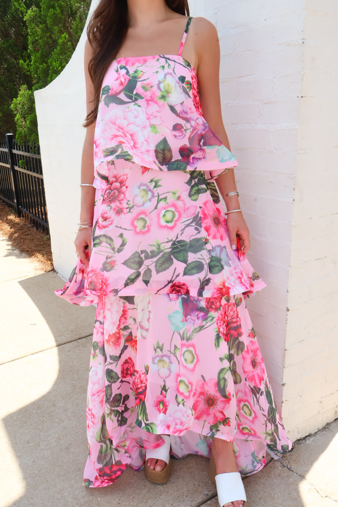 Pink Floral Tiered Ruffle Maxi Dress