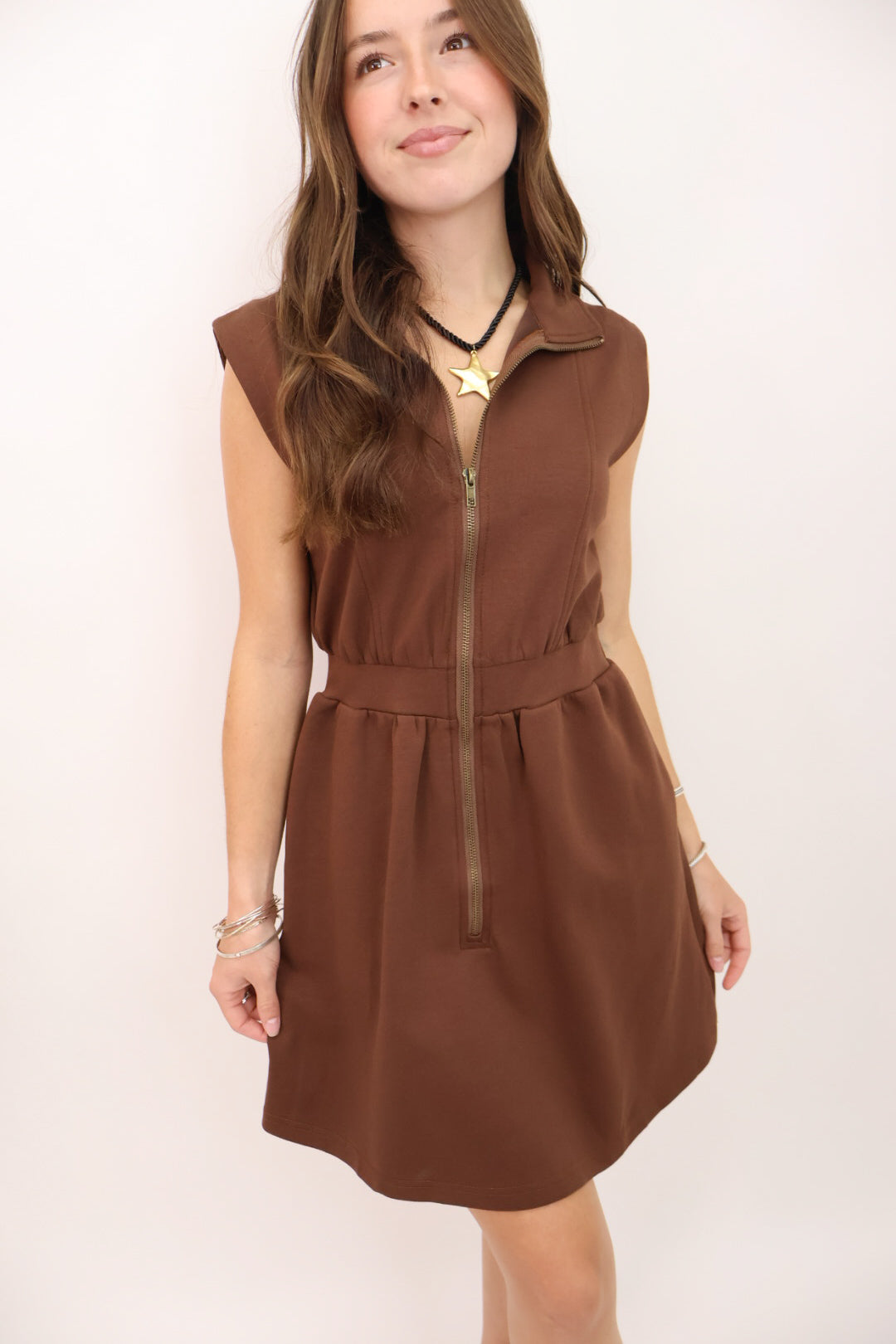 Zip-Front Sleeveless Dress - Mocha