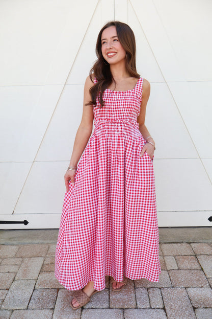Red Gingham Midi Dress
