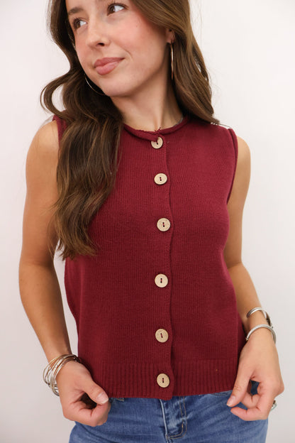 Sleeveless Button Front Knit Vest Top - Burgundy