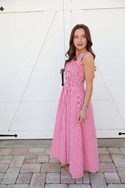 Red Gingham Midi Dress