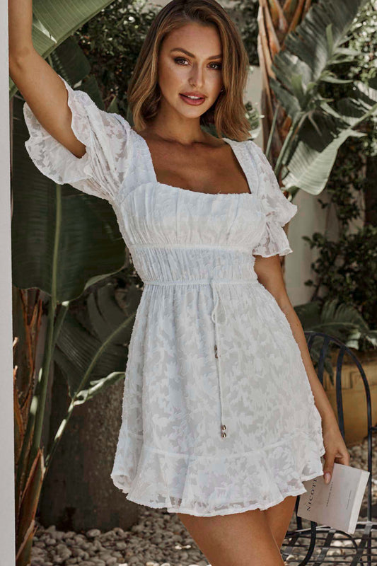 Lilibet Puff Sleeve Elasticated Waist Textured Dress White