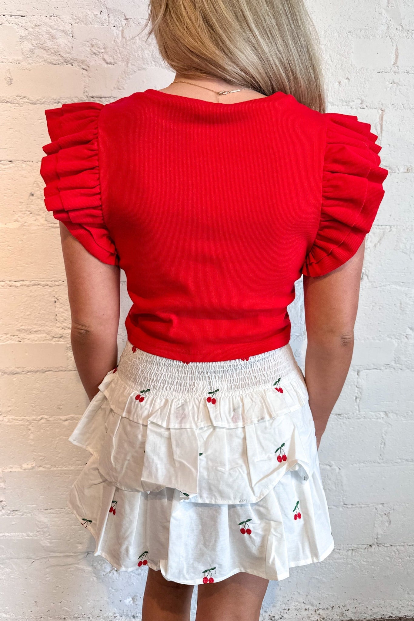 Cherry Embroidered Poplin Mini Skort