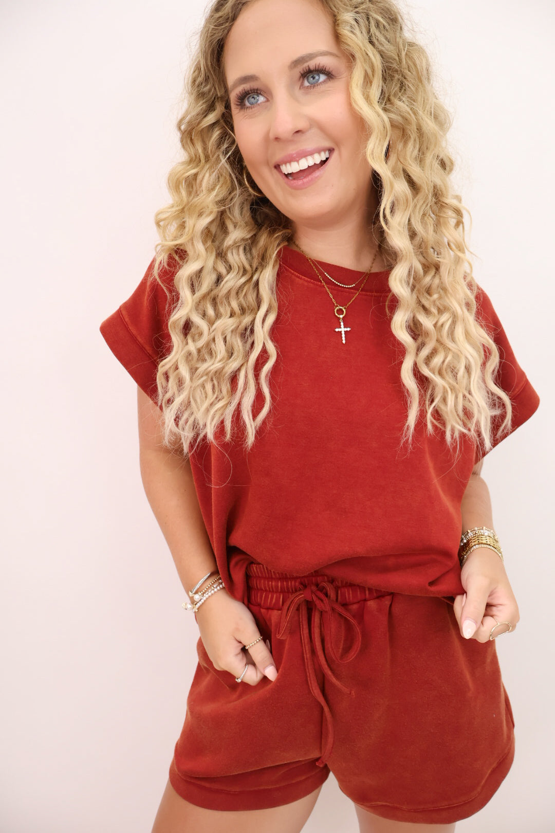 Mineral Washed Shorts Set - Burgundy