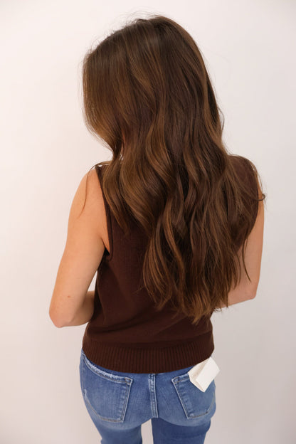 Sleeveless Button Front Knit Vest Top - Brown