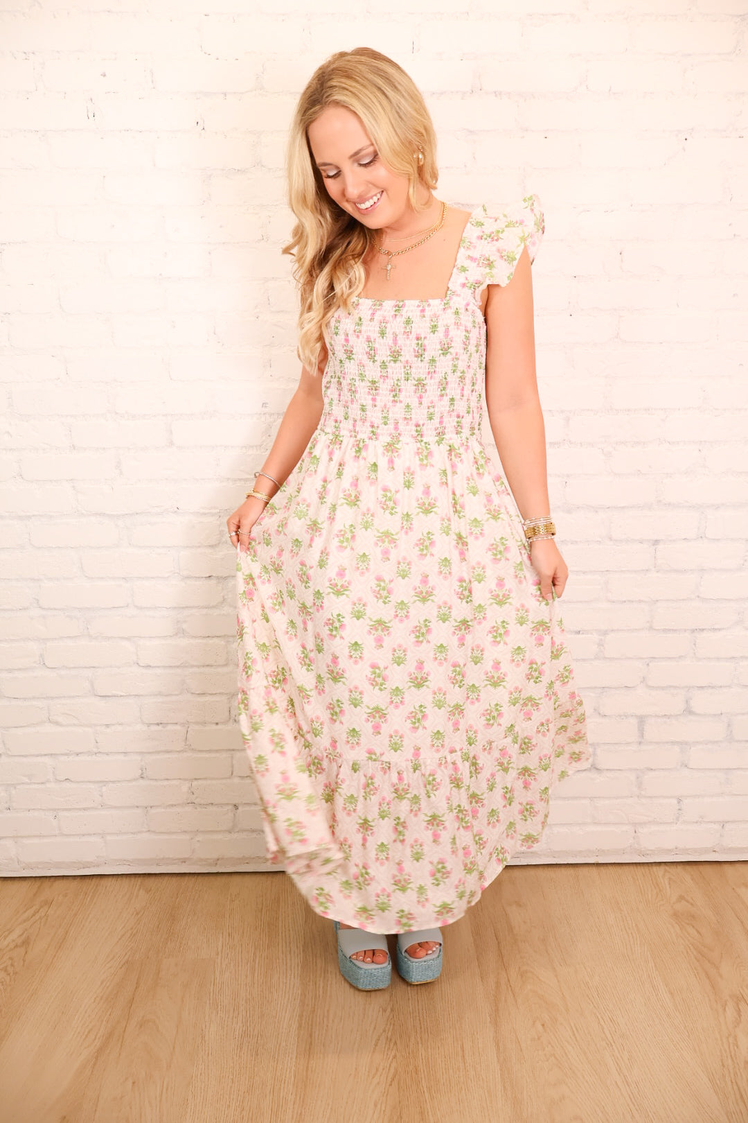 Block Floral Smocked Maxi Dress - Pink