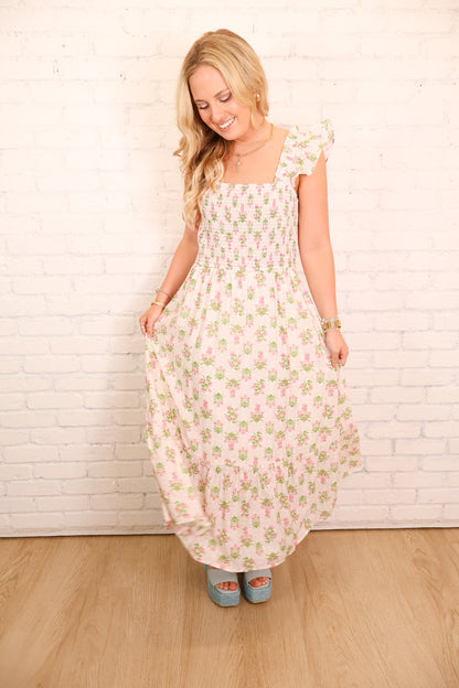 Block Floral Smocked Maxi Dress - Pink