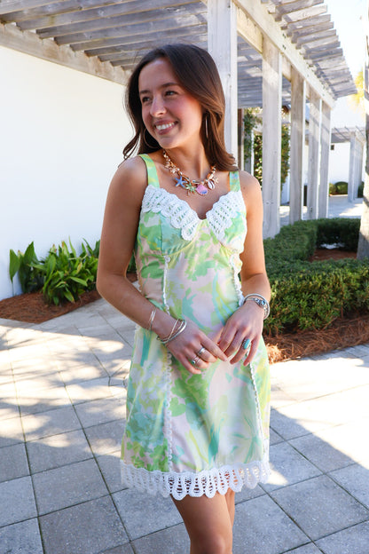 Green Printed Lace Trim Mini Dress
