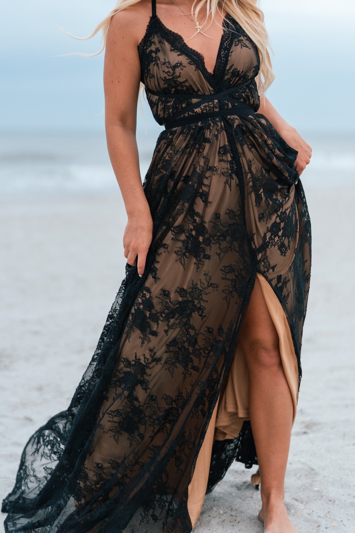 Celestial Multi-Wrap Lace Maxi Dress (Black)