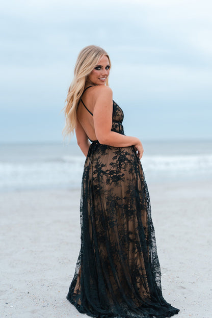 Celestial Multi-Wrap Lace Maxi Dress (Black)